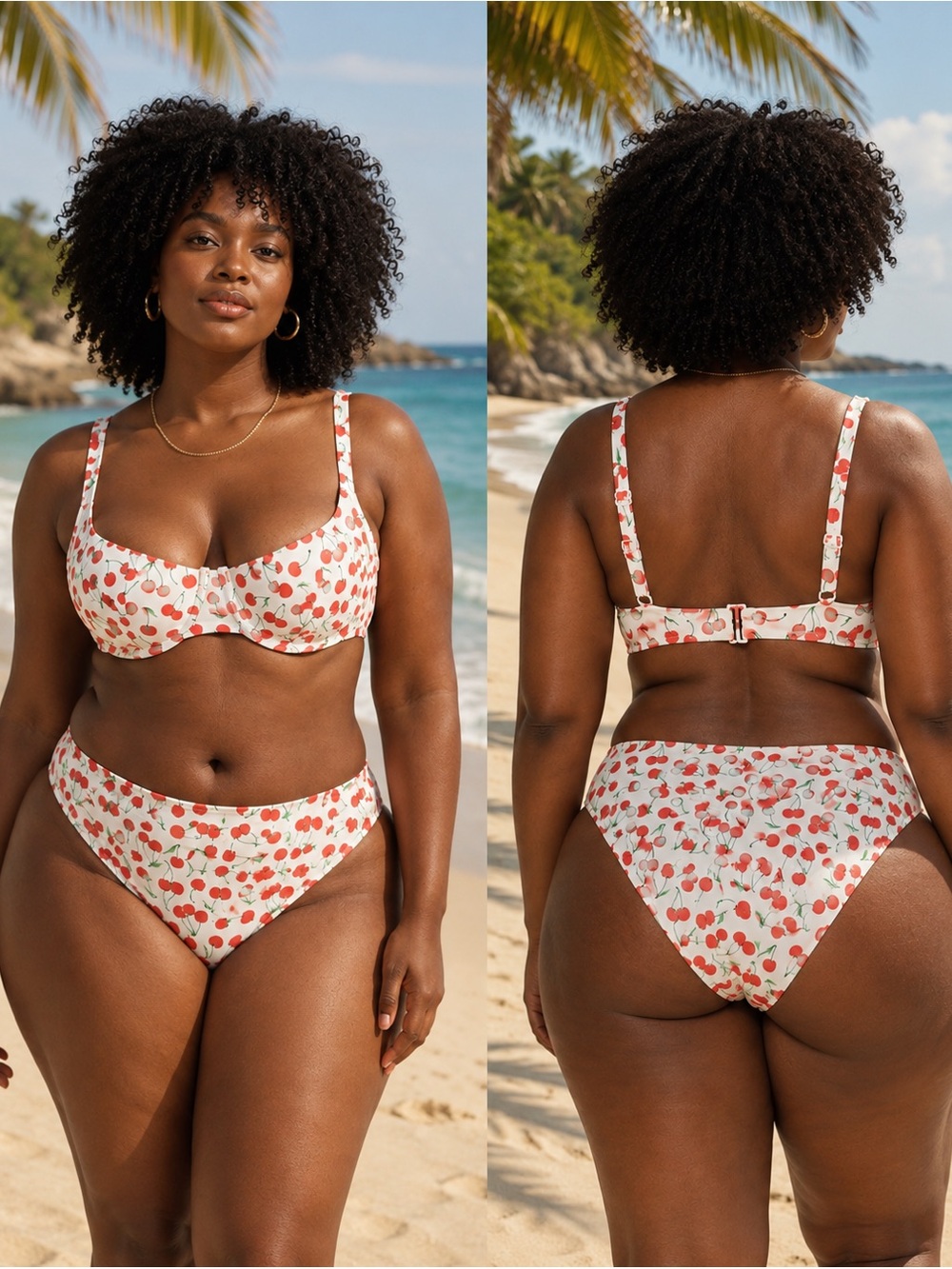 Good American White Bikini Set with Red Cherry Print